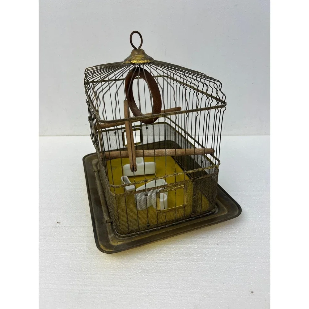 Hendryx Antique Brass Bird Cage Vintage Wire Pet w Porcelain Feeders Perch Gold